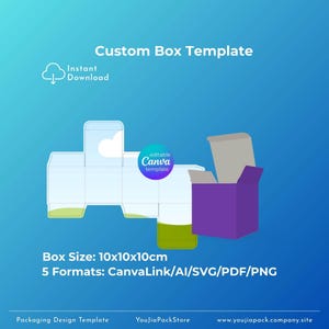 Könnte beinhalten: Ein individuelles Box-Template-Design mit einem hellblauen und weißen Layout, mit einer lila Box und dem Text "Custom Box Template". Die Boxgröße beträgt 10x10x10cm und ist in 5 Formaten verfügbar: CanvaLink/AI/SVG/PDF/PNG.