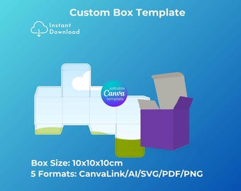 Modello personalizzato per scatola portacandele, design di packaging modificabile su Canva (10x10x10 cm)