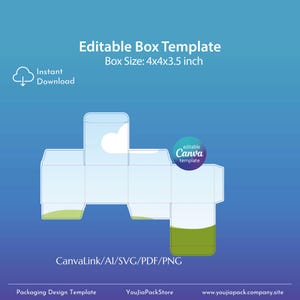 Könnte beinhalten: Eine ungefaltete Box-Vorlage mit einem hellblauen und grünen Design. Der Text "Editable Box Template" und "Box Size: 4x4x3.5 inch" werden angezeigt. Enthält Symbole für "Instant Download" und "Canva template". Die Vorlage ist in CanvaLink/AI/SVG/PDF/PNG-Formaten verfügbar.