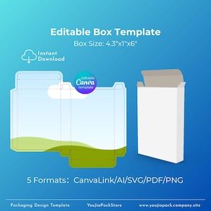 May include: An editable box template with dimensions of 11cm x 2.5cm x 15cm. The design features a cloud and green landscape graphic. The image also shows a 3D rendering of the box. The template is available in 5 formats: CanvaLink, AI, SVG, PDF, and PNG.