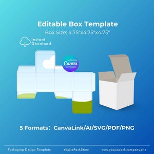 Pode incluir: Um modelo de caixa editável com um tamanho de caixa de 12,07 cm x 12,07 cm x 12,07 cm. O design inclui um modelo plano e desdobrado e uma caixa 3D. O modelo está disponível em 5 formatos: CanvaLink, AI, SVG, PDF e PNG. O texto "Editable Box Template" está incluído.