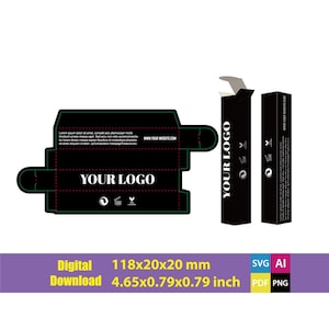 Bewerkbare aangepaste doossjabloon voor lipglosstube, mascara/lippenstift/parfumflesje, bewerkbaar afdrukbaar, vector aanpasbaar, 118 x 20 x 20 mm