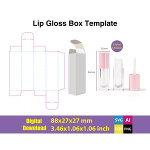 May include: A template for a lip gloss box with dimensions of 88 x 27 x 27 mm. The template is shown in a flat, unfolded state. The template is labelled "Lip Gloss Box Template" and includes the dimensions in millimetres and inches. The template is also labelled "Digital Download" and "Digital Editable".