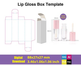 DIY Lip Gloss Box Template for 6ml Tube, svg, ai, pdf, png, 88x27x27mm