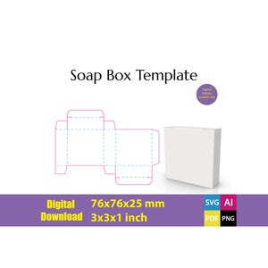 Modello di scatola di sapone fai da te, svg, ai, pdf, png, 76x76x25mm