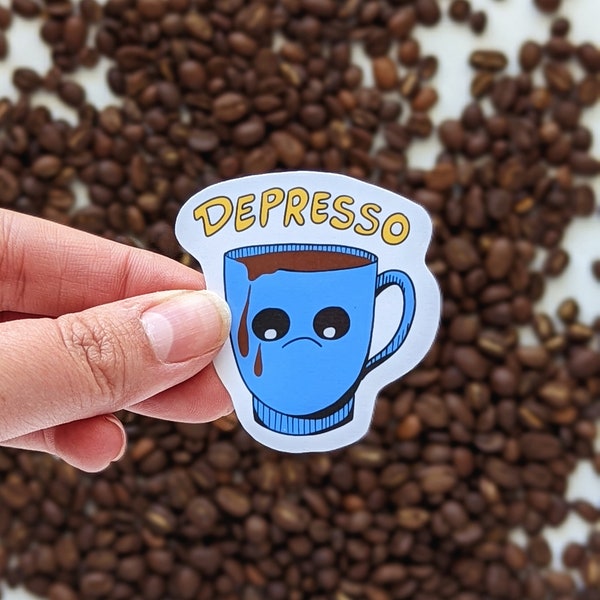 Waterproof Vinyl Depresso Cup, Sad Coffee Cup, Cute Coffee Cup, Depressed Coffee Sticker, Waterproof Sticker, Water bottle sticker, Coffee