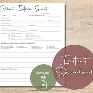 Puede incluir: Una hoja de admisión de clientes imprimible para agentes inmobiliarios. La hoja incluye secciones para la información del cliente, los detalles de la propiedad y los métodos de contacto preferidos. También incluye una sección para la fuente de clientes potenciales y las preferencias de tipo de propiedad.