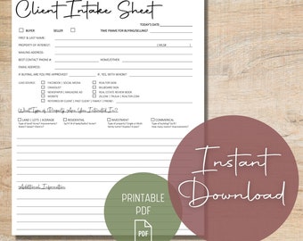 Real Estate Client Intake Sheet | Printable Lead Form | PDF Download