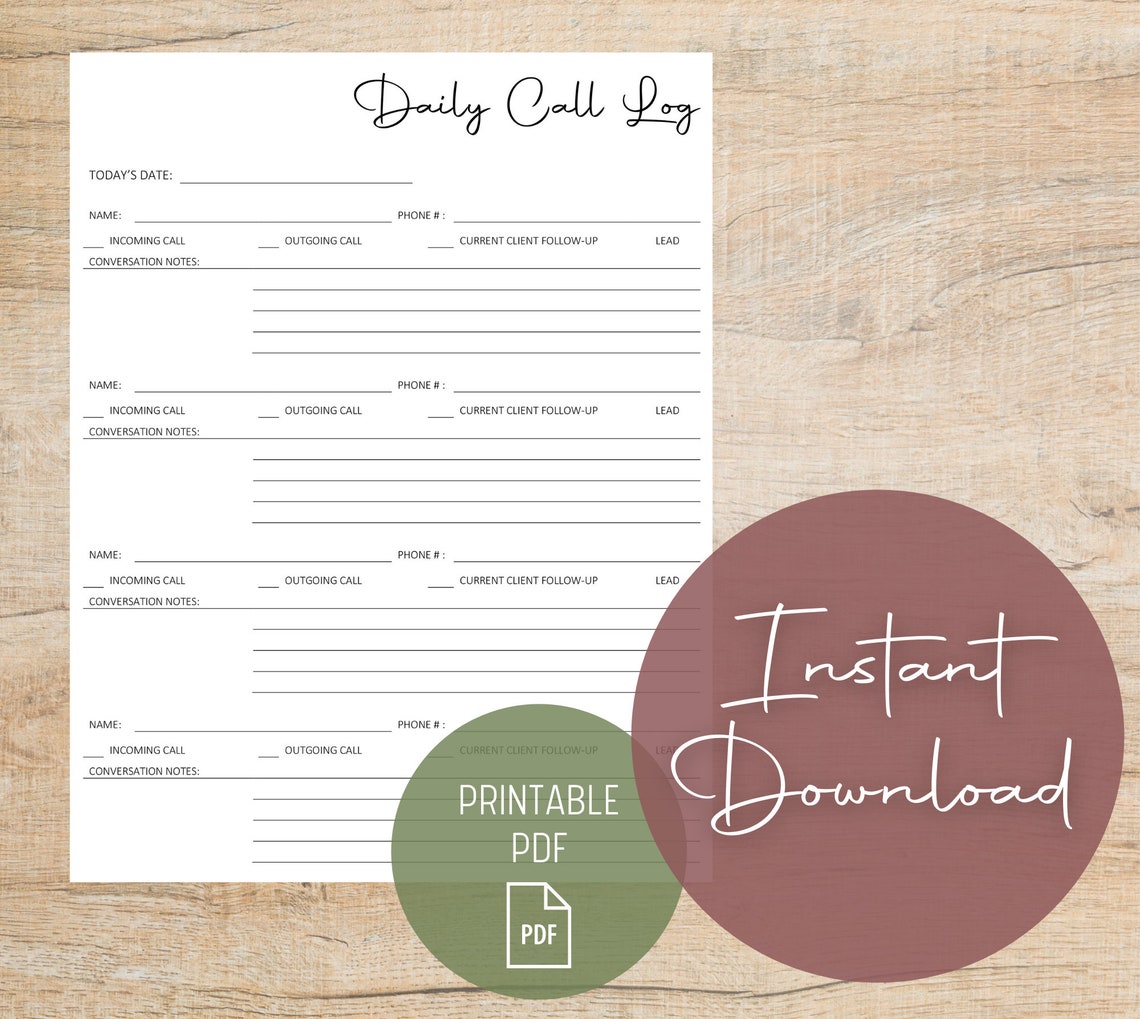 Daily Call Log Real Estate Real Estate Agent Instant Etsy