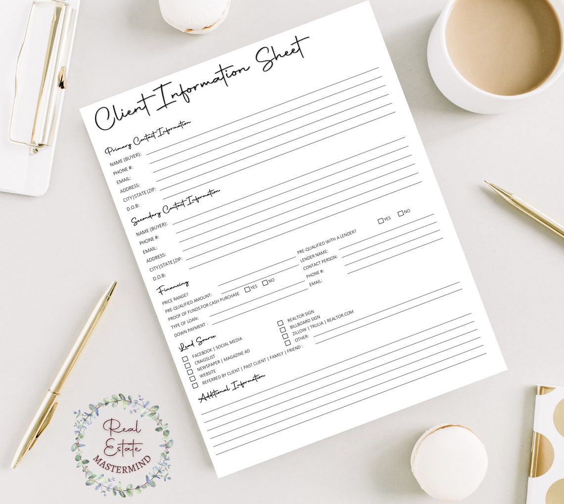 CLIENT INFORMATION Sheet Real Estate Real Estate Agent Instant Download