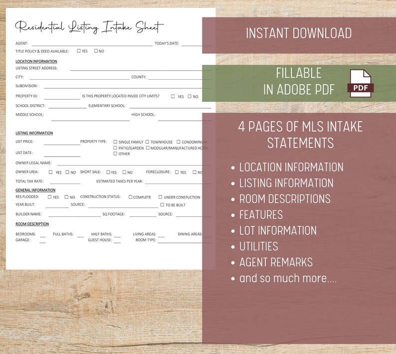 MLS Residential Listing Intake Sheet Real Estate Real Estate Agent