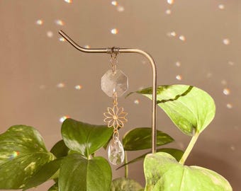 Plant Stake with Suncatchers + Daisy Charm | Gold Flower + Hanging Crystals | Houseplant Accessory | Sunlight Reflector