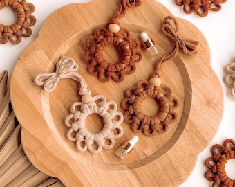 Macrame Flower Car Charm | Daisy Rear View Mirror Hanger | Essential Oil Diffuser + Air Freshener