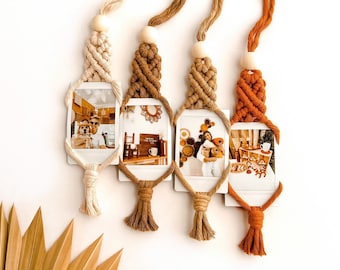 Macrame Photo Holder Car Charm | Rear View Mirror Picture Hanger | Essential Oil Diffuser + Air Freshener