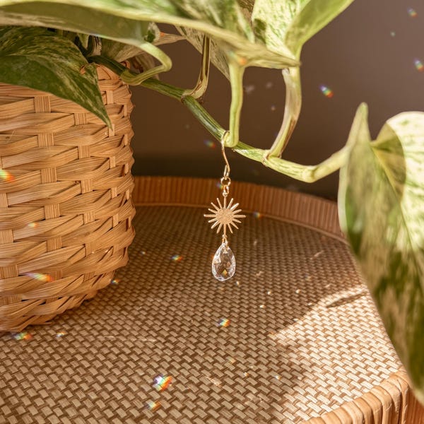 Dijes de enredadera vegetal / Atrapasol colgante + Sol / Prisma de cristal brillante / Accesorio para plantas de interior