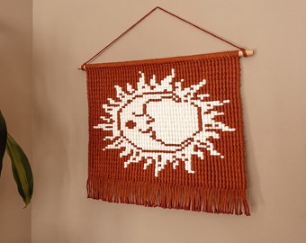 Sun & Moon Macrame Wall Hanging | Boho Woven Tapestry | Celestial Astrology | Cozy Bedroom Decor | Terracotta Rust Tones | Headboard Art