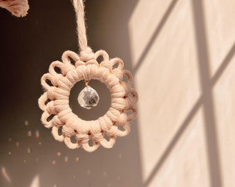 Macrame Flower Suncatcher | Window Hanging Art | Rear View Mirror Charm