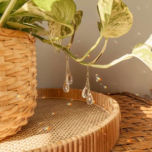May include: A pair of gold dangle earrings with clear teardrop-shaped crystals hanging from a chain. The earrings are hanging from a plant with green leaves.