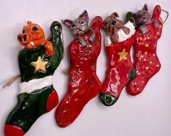 Ceramic Christmas stocking tree decor , Christmas tree decoration, xmas, hanging decoration, animal decoration, cat, dog, dragon, bulldog,