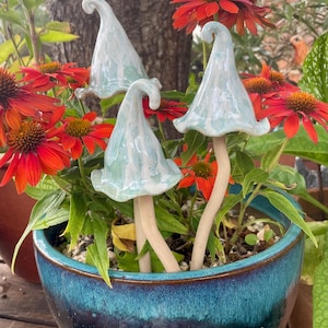 Ceramic mushrooms for the garden, toadstools, pottery mushrooms, garden gift, handmade pottery, handmade garden gift, wobbly toadstool, blue