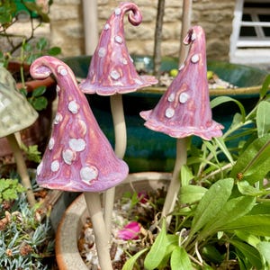 Ceramic mushrooms for the garden, toadstools, pottery mushrooms, garden gift, handmade pottery, handmade garden gift, wobbly toadstool, pink