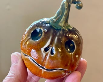 Hand-Sculpted Stoneware Jack O'Lantern: Unique Halloween Pumpkin Ornament