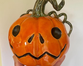 Hand-Sculpted Stoneware Jack O'Lantern: Halloween Pumpkin Ornament