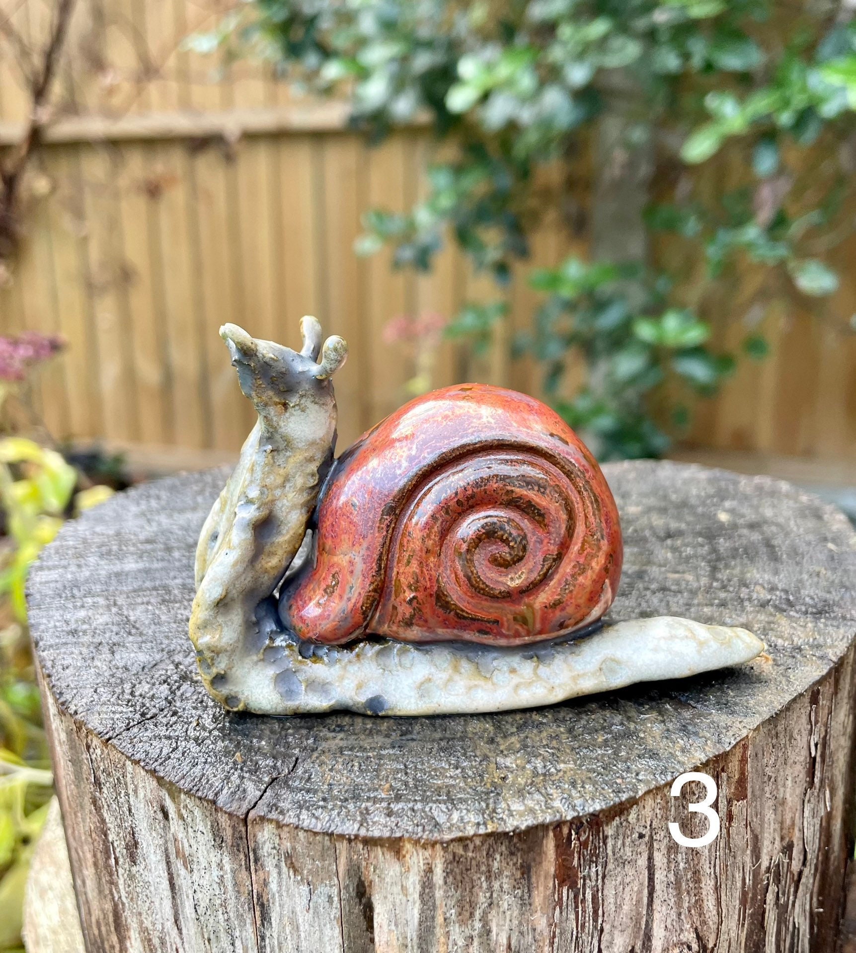 2 Vintage Ceramic Snail Figurines Drip Glazed White Red Orange Garden Decor