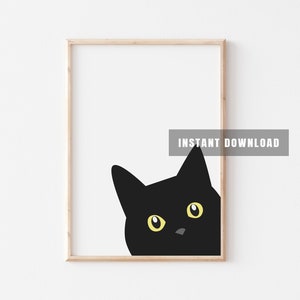 Peeking Black Cat Print Wall Art Poster, Cute Black Cat Portrait Poster Printable, Abstract Cat Digital Illustration, Nursery Cat Wall Art
