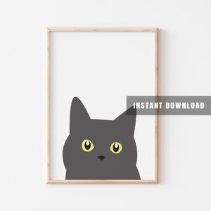 Gray Cat Print Wall Art Poster, Grey Cat Portrait Minimalist Poster Printable, Cat Lover Gift, Abstract Cat Drawing Illustration Download