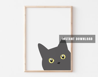 Peeking Grey Cat Art Print: Modern Illustration (Digital Download)