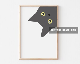 Peeking Gray Cat Print Wall Art Poster Printable