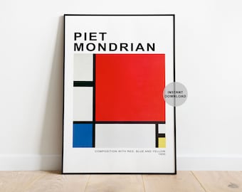 Mondrian Art Exhibition Poster Print Digital Download, Mondrian Famous Art Composition Red Blue Yellow, Famous Minimalist Abstract Art