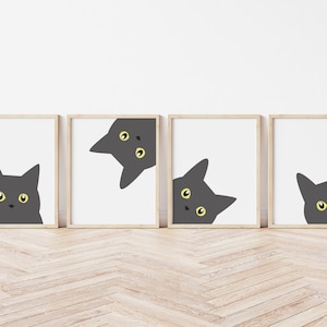 Set of 4 Peeking Gray Cat Poster Wall Art Download, Cute Grey Cat Portrait Poster Printable, Abstract Cat Digital Illustration, Russian Blue