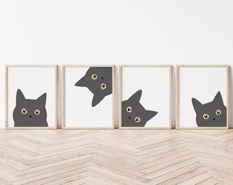 Gray Cat Peeking Poster Set: Minimalist Wall Art (Digital Download)