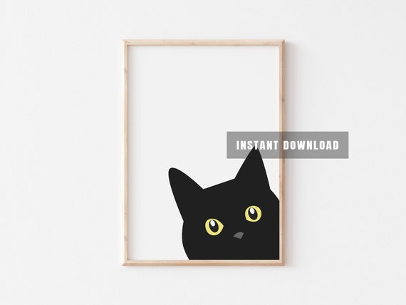Peeking Black Cat Art Print: Minimalist Cat Poster (Digital Download)