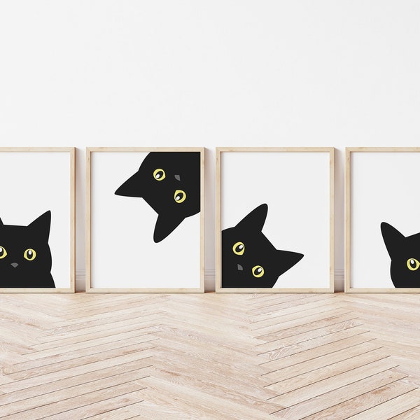 Set of 4 Peeking Black Cat Print Wall Art Poster, Cute Black Cat Portrait Poster Printable, Abstract Cat Digital Illustration Print Download