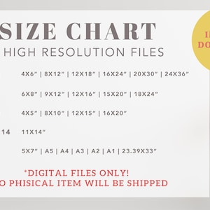 May include: A size chart for digital printable files with five different aspect ratios: 2:3, 3:4, 4:5, 11:14, and ISO. The chart lists the dimensions in inches for each ratio, including 4x6, 8x12, 12x18, 16x24, 20x30, 24x36, 6x8, 9x12, 12x16, 15x20, 18x24, 4x5, 8x10, 12x15, 16x20, 11x14, 5x7, A5, A4, A3, A2, A1, and 23.39x33. The text "INSTANT DOWNLOAD" and "PRINTABLE SALAD" are also visible.