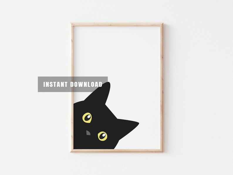 Peeking Black Cat Print Wall Art Poster, Funny Black Cat Portrait ...