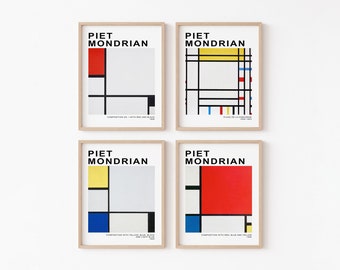Set of 4 Mondrian Poster Wall Art Digital Print Download, Piet Modrian Famous Composition Exhibition Poster, Minimalist Abstract Wall Art