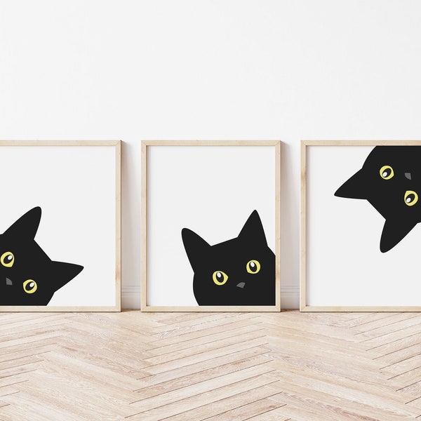 Set of 3 Peeking Black Cat Print Wall Art Poster, Cute Black Cat Portrait Poster Printable, Abstract Cat Digital Illustration Print Download