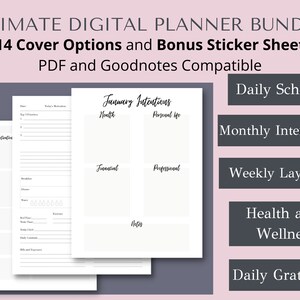 May include: A digital planner bundle with 14 cover options and a bonus sticker sheet. The planner is compatible with PDF and Goodnotes. The image shows a sample page with sections for daily schedule, monthly intentions, weekly layout, health and wellness, and daily gratitude.