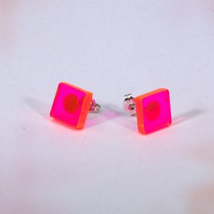 Small Geometric Studs, Neon Pink Earrings, Sterling Silver, Acrylic Earrings, Minimalist Studs, Bright Stud Earrings, Bold Studs