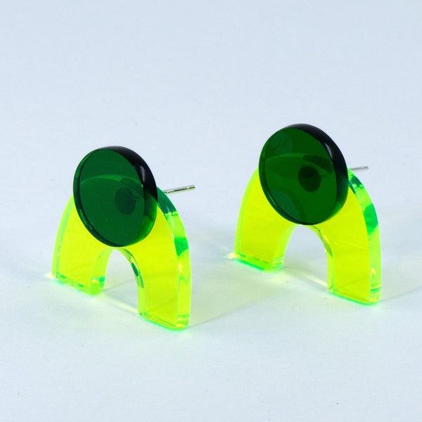 Neon Green Acrylic Earrings, Modern Studs, Acrylic Earrings, Neon Green/Emerald Acrylic Earrings, Silver Studs, Contemporary Jewelry