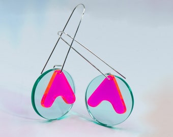 Circle Colorful Earrings, Neon Pink-Coke Bottle Transparent Earrings, Statement Acrylic Earrings, Sterling Silver, Modern Jewelry