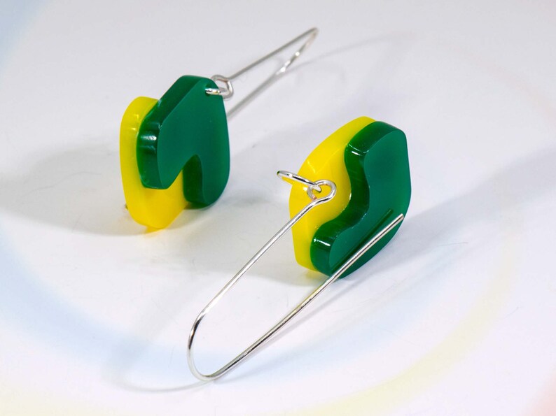 Multi-Colour Acrylic Dangle Earrings, Acrylic Earrings, Silver Earrings, Modern Jewelry, Green Yellow Statement Earrings image 5