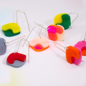 Multi-Colour Acrylic Dangle Earrings, Acrylic Earrings, Silver Earrings, Modern Jewelry, Green Yellow Statement Earrings image 10