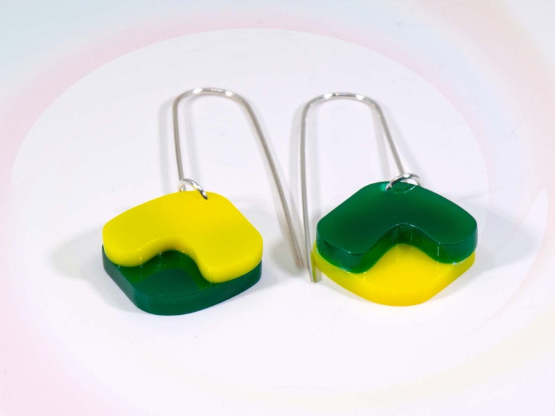 Multi-Colour Acrylic Dangle Earrings, Acrylic Earrings, Silver Earrings, Modern Jewelry, Green Yellow Statement Earrings image 6