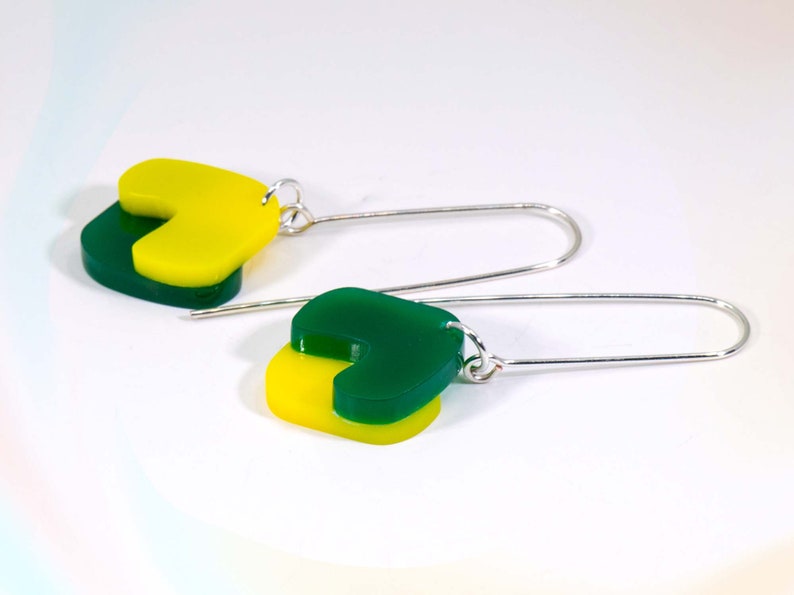 Multi-Colour Acrylic Dangle Earrings, Acrylic Earrings, Silver Earrings, Modern Jewelry, Green Yellow Statement Earrings image 7