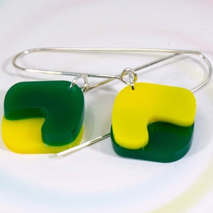 Multi-Colour Acrylic Dangle Earrings, Acrylic Earrings, Silver Earrings, Modern Jewelry, Green Yellow Statement Earrings image 1